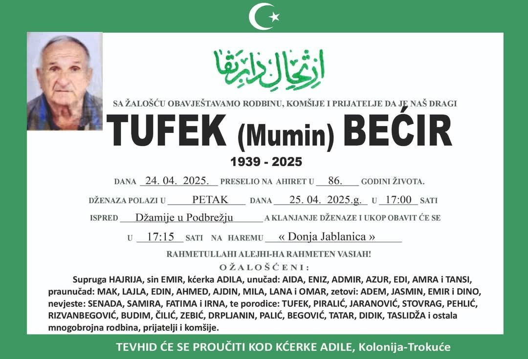 Dženaza klanjana u Donjoj Jablanici. Facebook