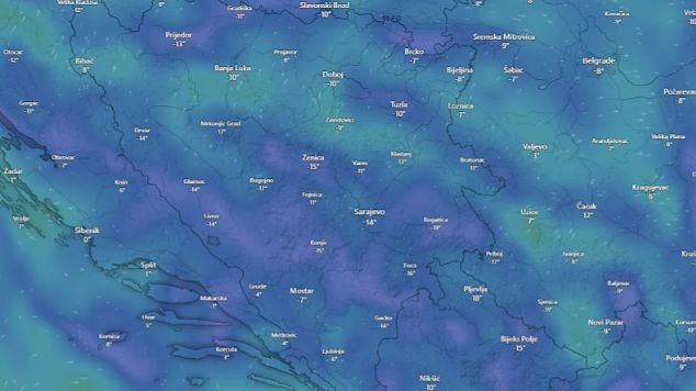 Ekstremna hladnoća stiže u BiH. Windy.com