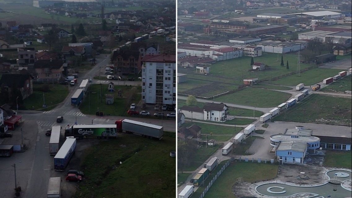 Snimak iz zraka / Pogledajte video kolone kamiona u Gradišci