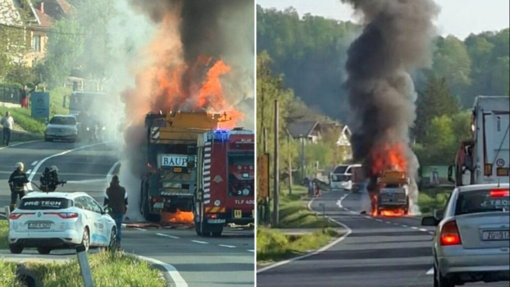 Drama na putu Tuzla-Srebrenik: Zapalila se radna mašina dizalica